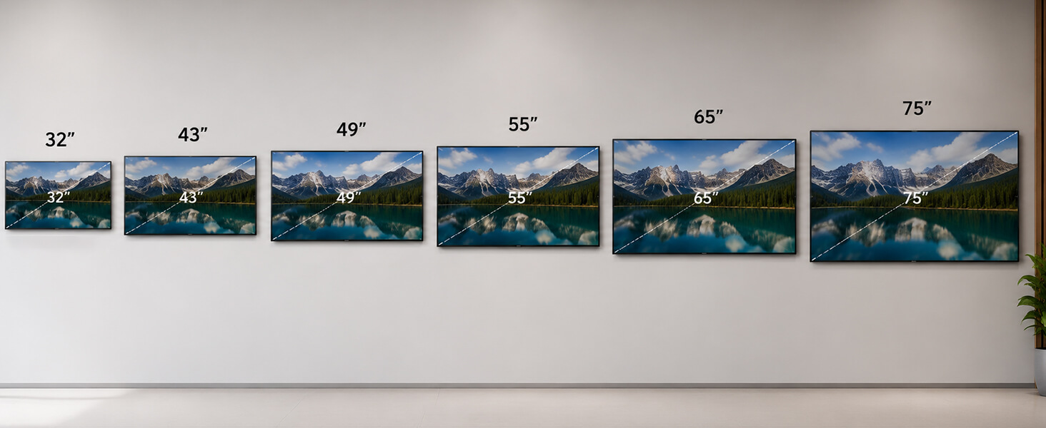 YINGLUX Indoor Wall Mount Digital Signage 32 43 49 55 65 75 inch size comparison