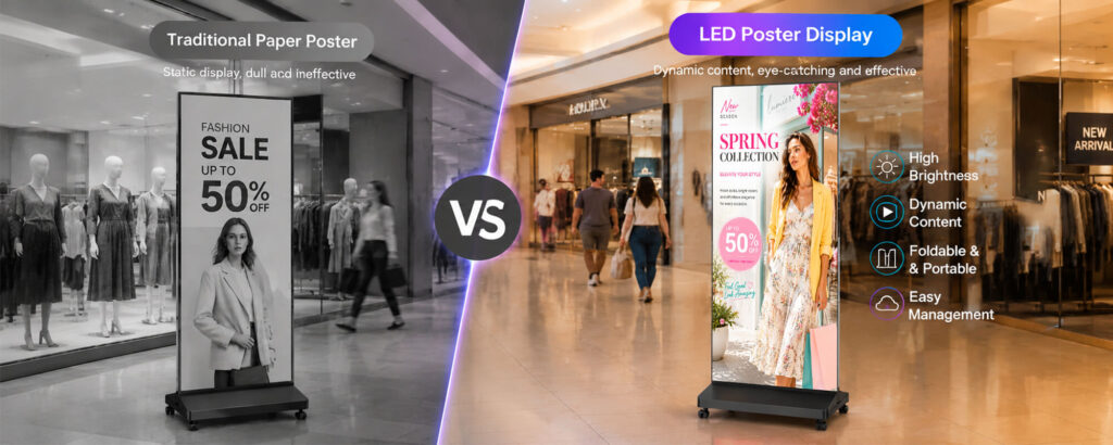 LED poster display versus print poster comparison