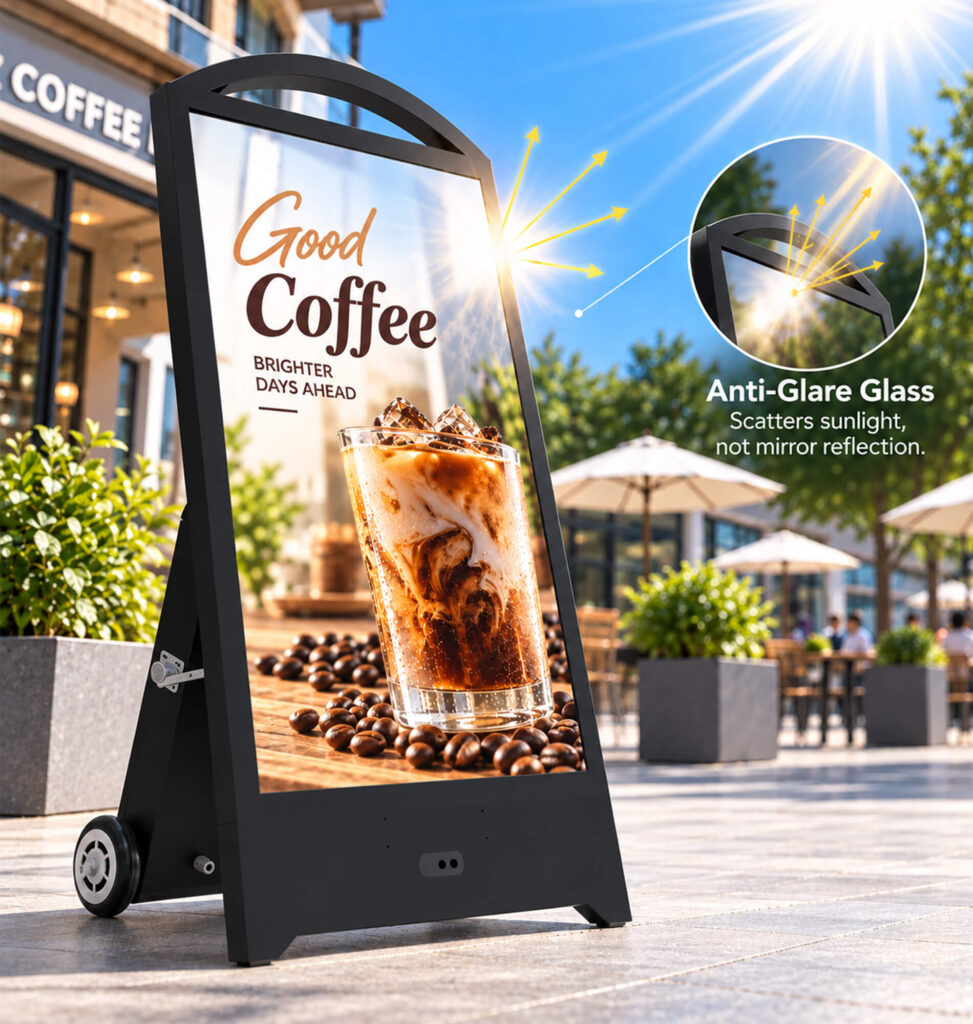 Anti-glare coating on high brightness outdoor panels
