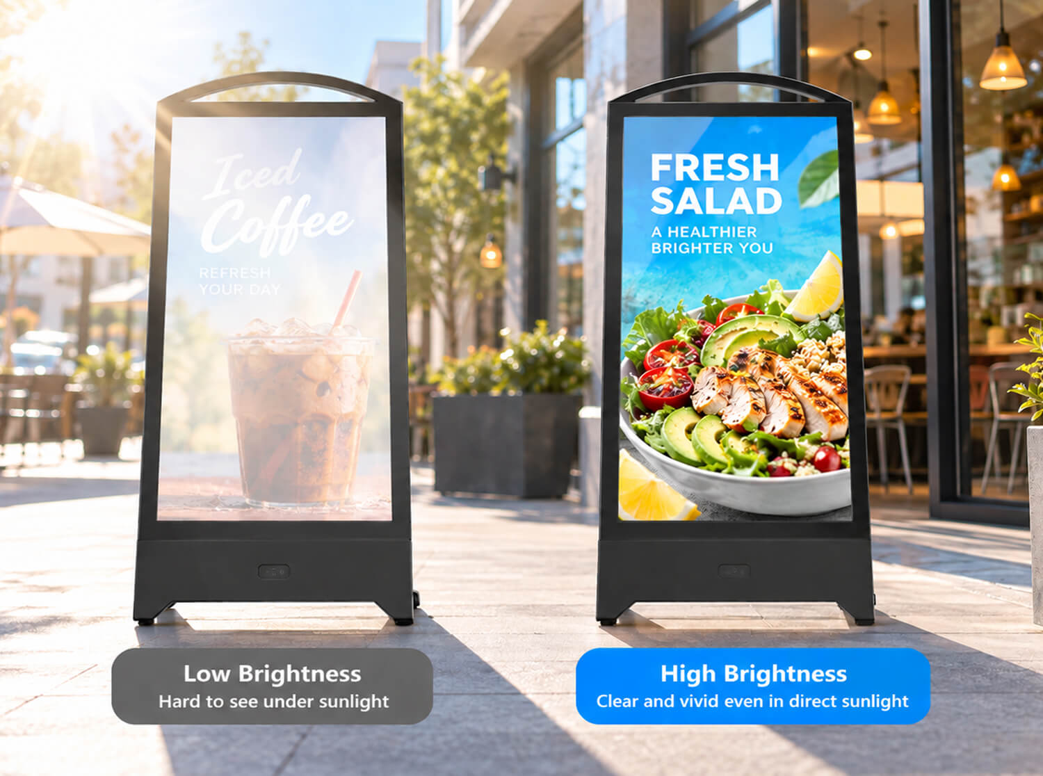 Digital signage brightness guide comparing low and high nit displays