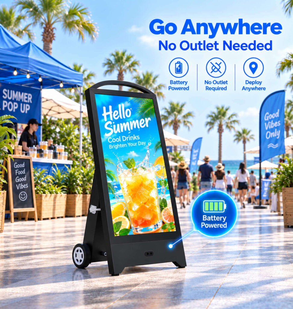 Battery powered digital signage operating at an outdoor pop-up event with no outlet required