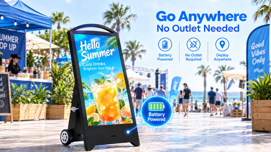 Battery powered digital signage operating at an outdoor pop-up event with no outlet required