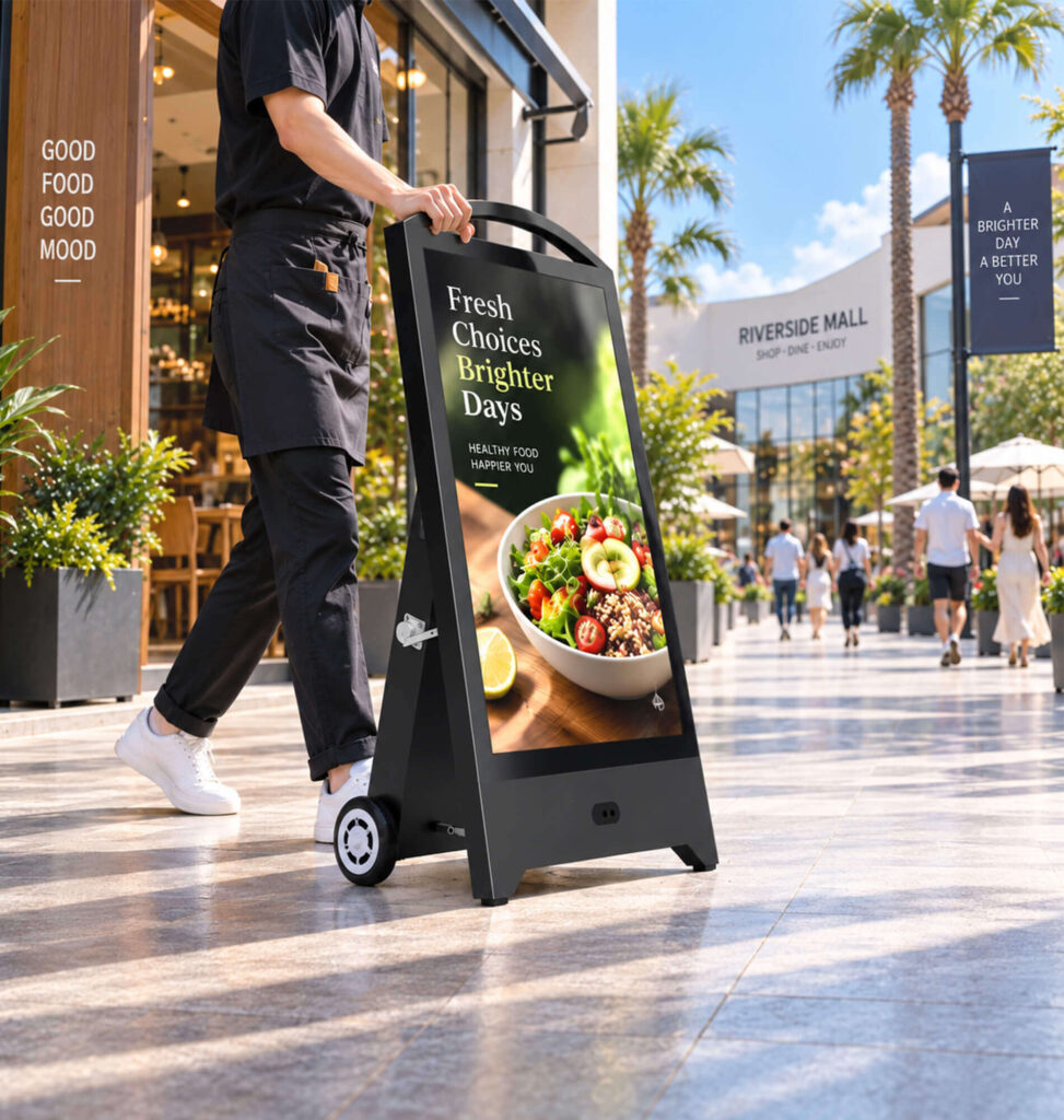 Staff member moving rolling portable digital signage on wheeled casters outside a storefront