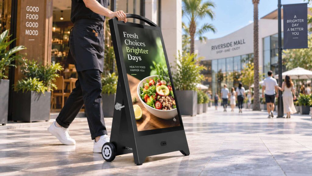 Staff member moving rolling portable digital signage on wheeled casters outside a storefront