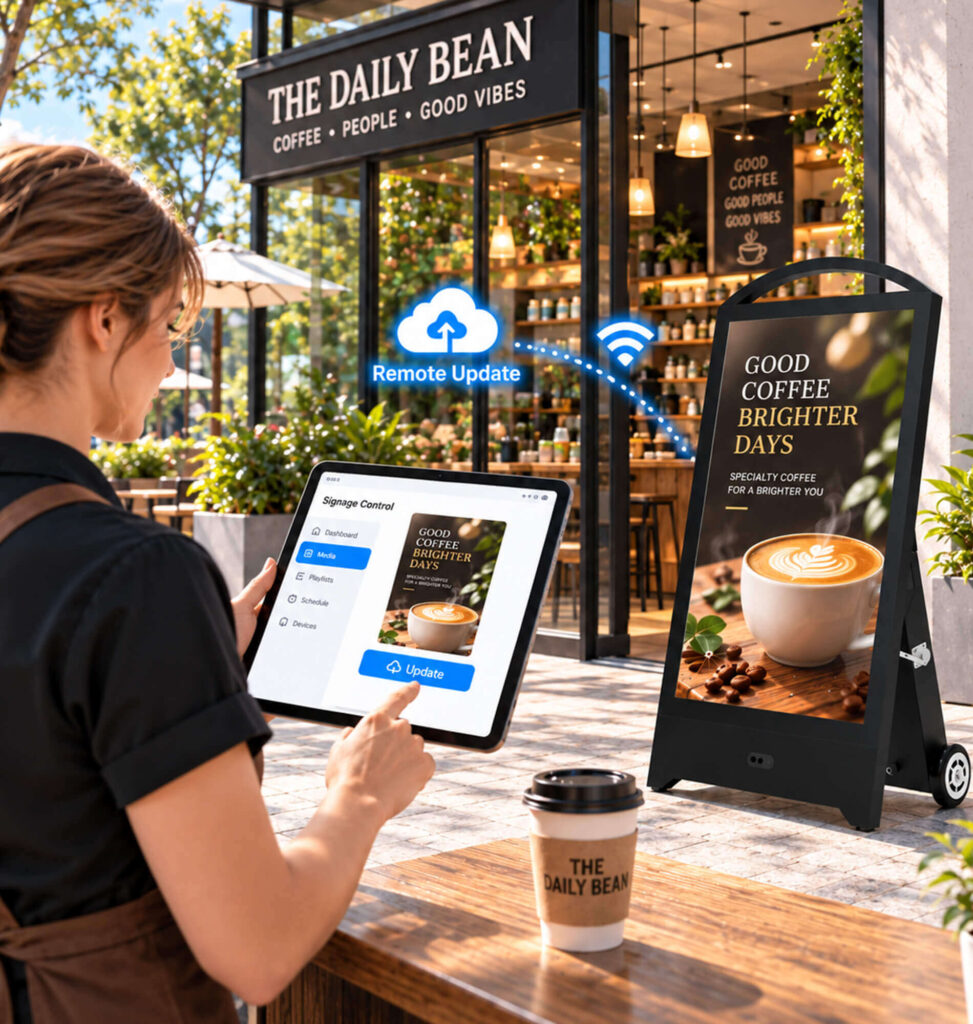 Staff member remotely updating portable digital signage content via tablet