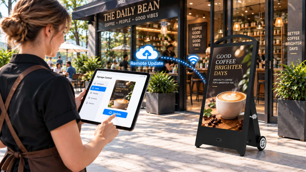 Staff member remotely updating portable digital signage content via tablet