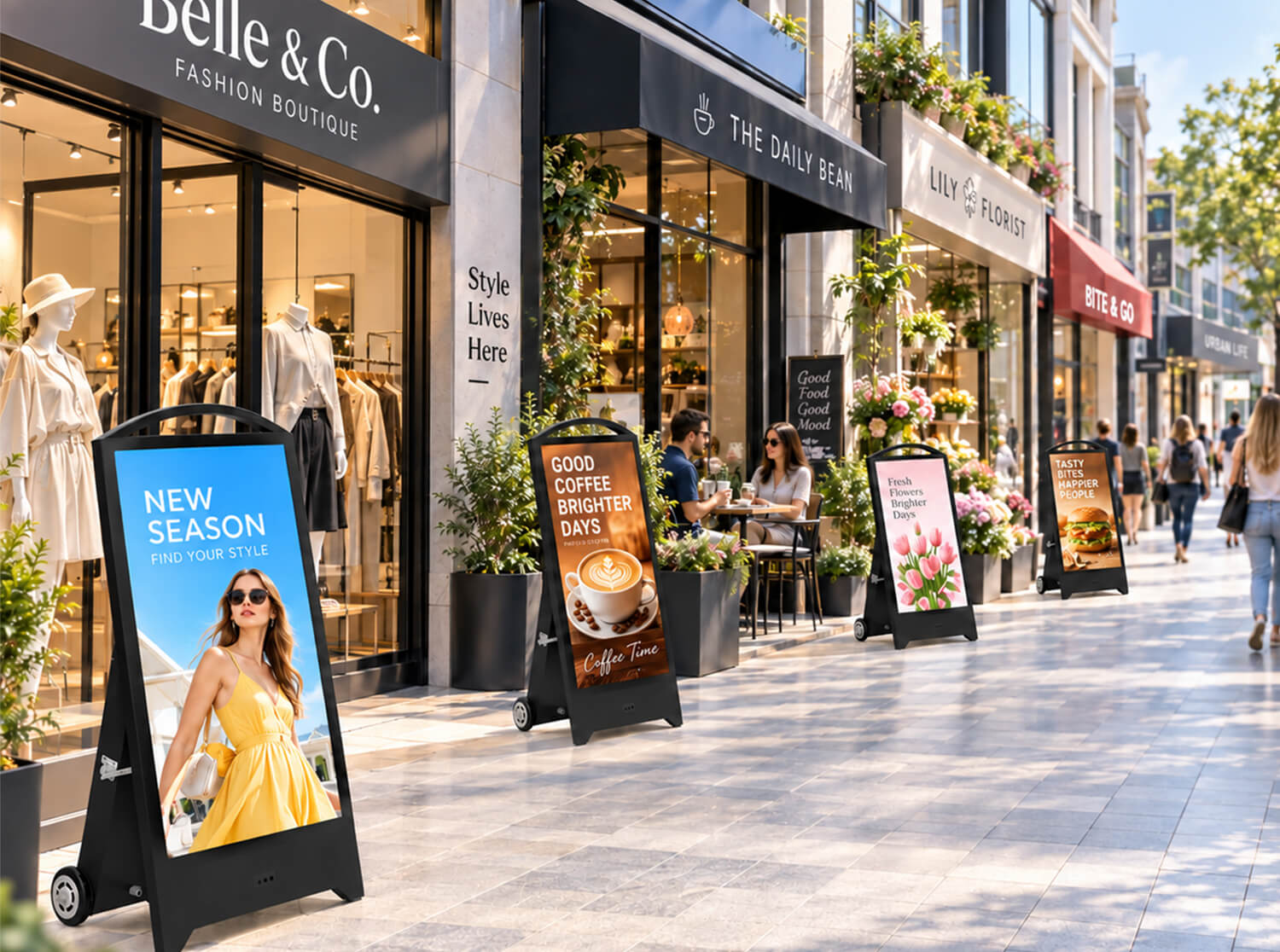 Portable digital signage units deployed across multiple storefronts on a commercial street