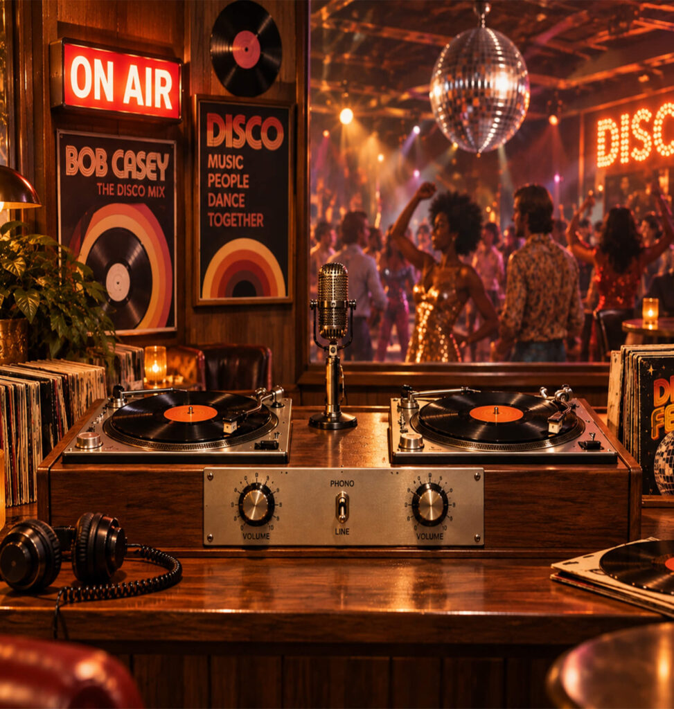 1980s fixed furniture style dj booth built into nightclub interior
