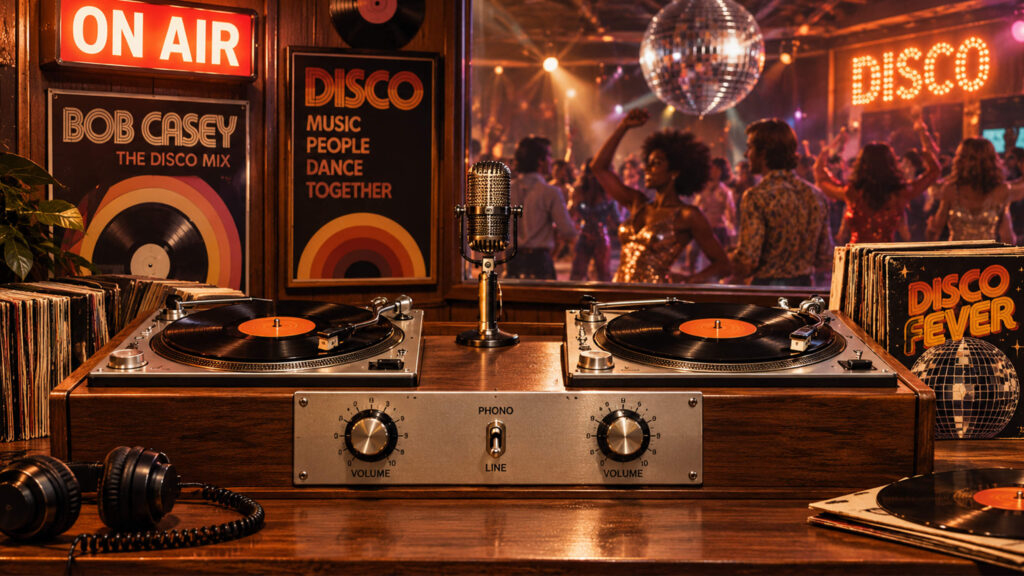 1980s fixed furniture style dj booth built into nightclub interior