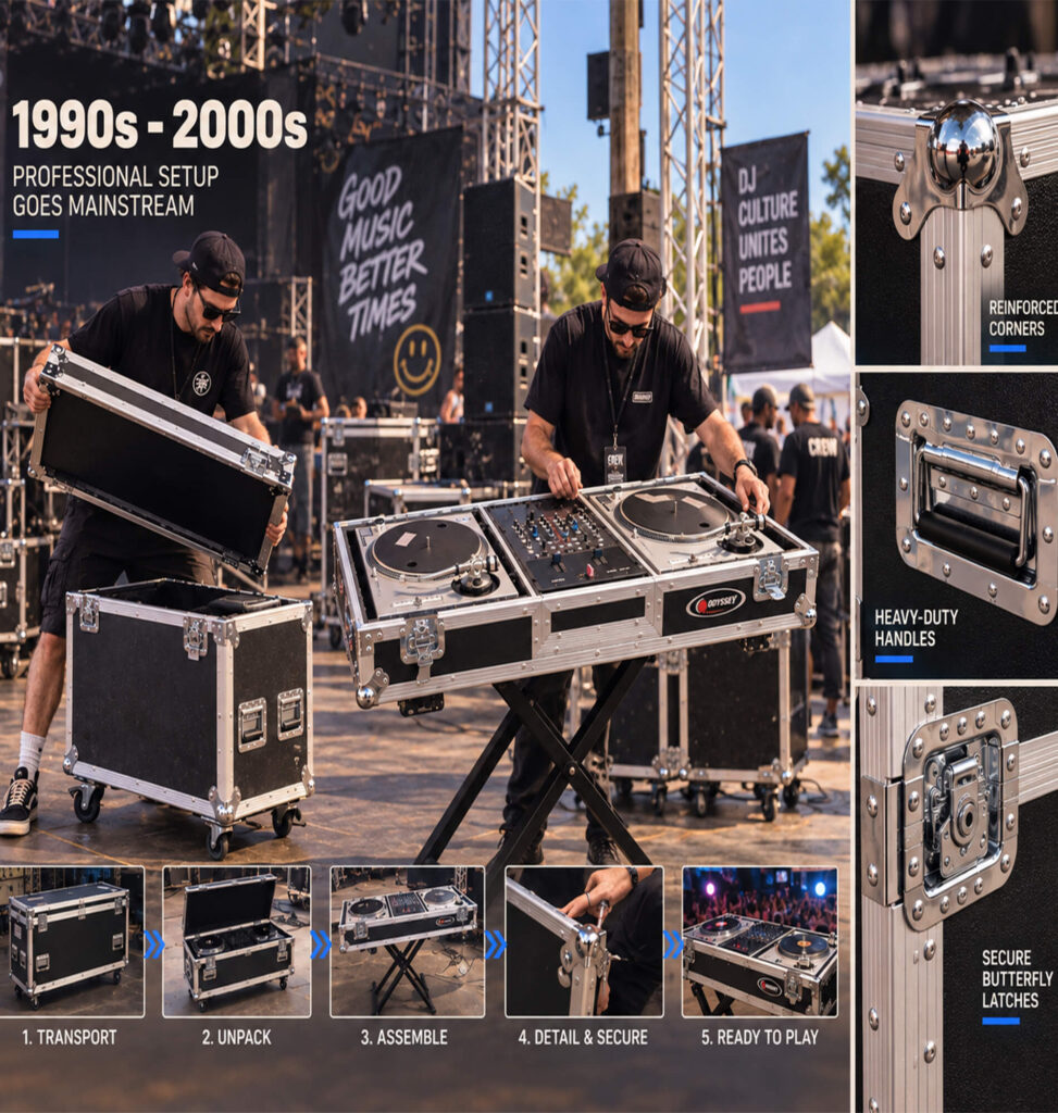 Flight case rack mount dj booth being assembled at mobile dj event