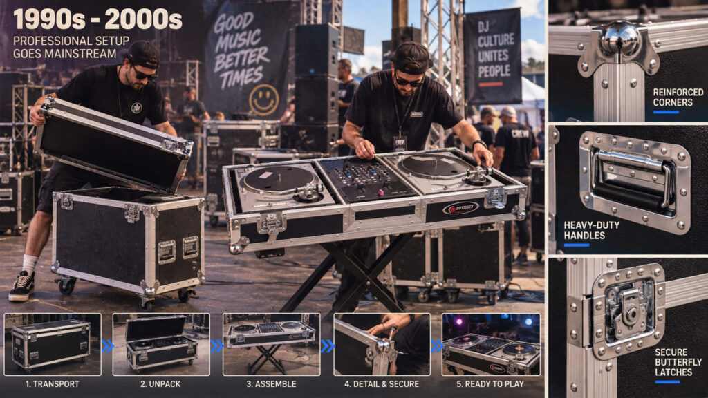 Flight case rack mount dj booth being assembled at mobile dj event