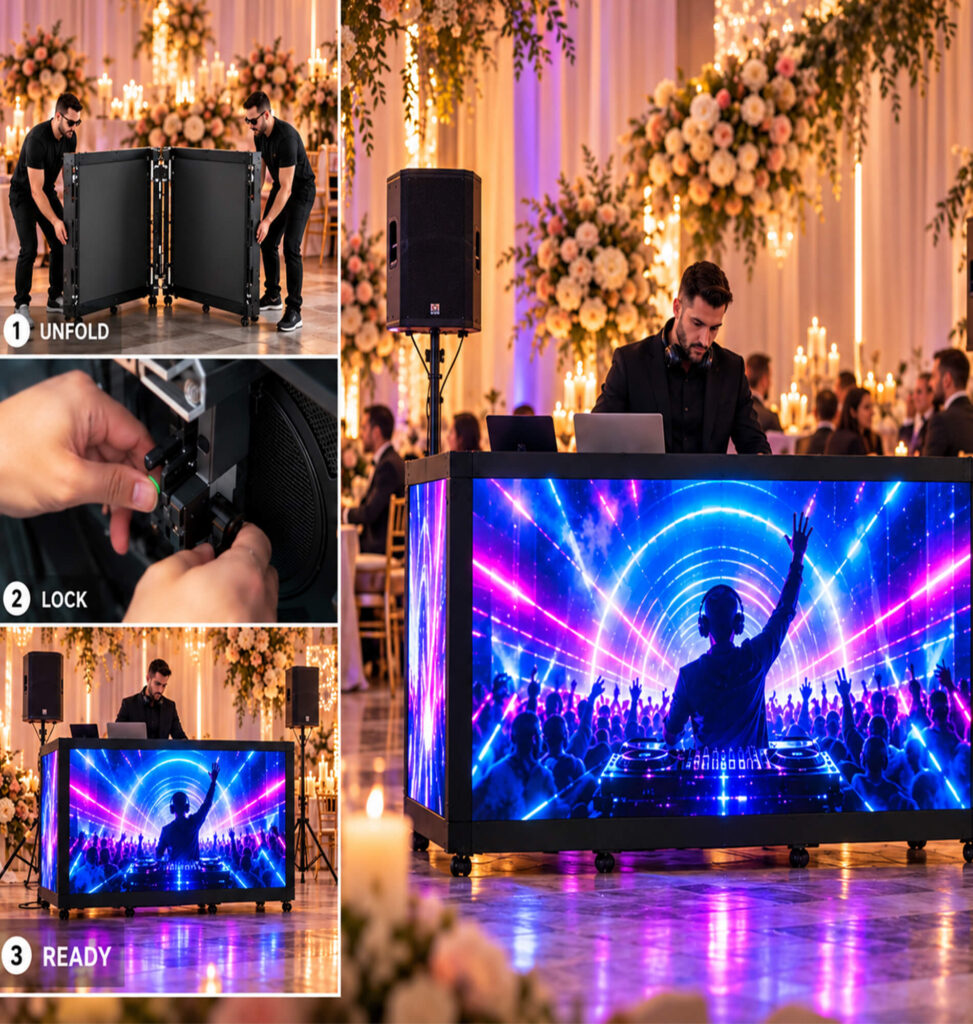 Modern foldable dj booth facade unfolding and locking into place