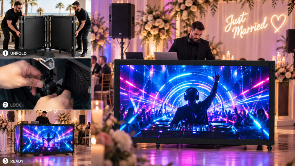 Modern foldable dj booth facade unfolding and locking into place