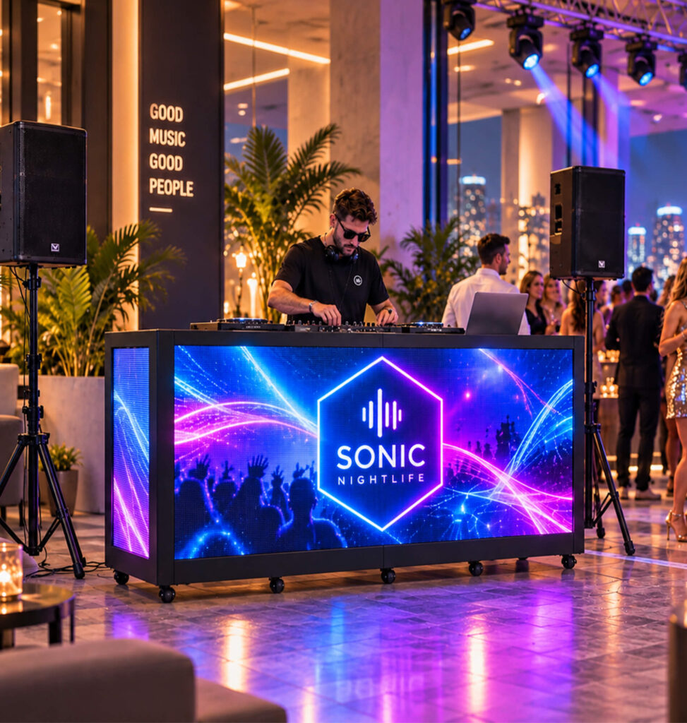Modern LED display dj booth integrated into nightclub lighting production