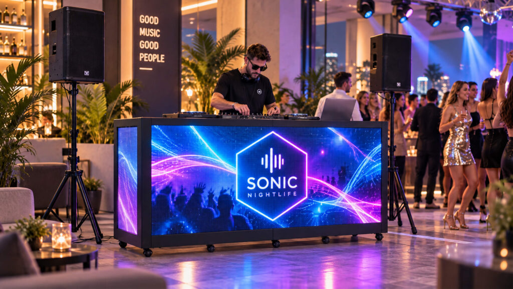 Modern LED display dj booth integrated into nightclub lighting production