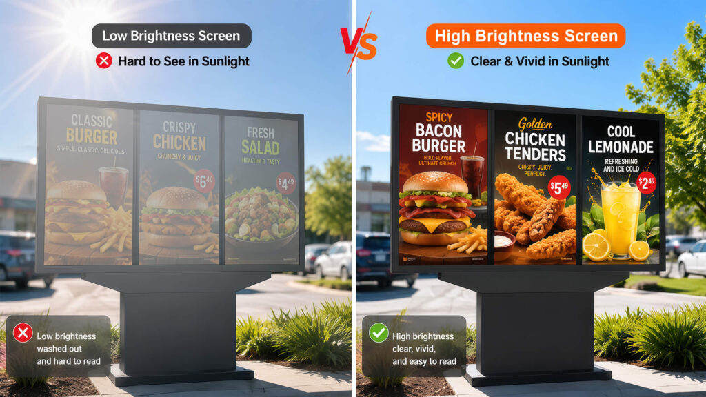 Low brightness versus high brightness drive-thru screen comparison