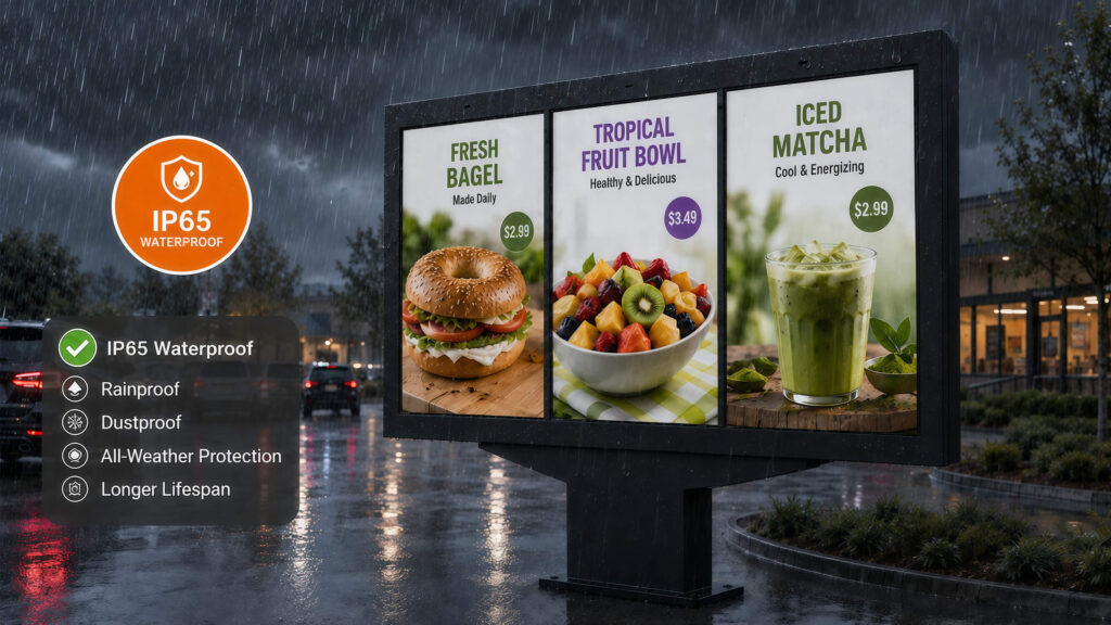 IP65 waterproof rating for outdoor drive-thru menu boards