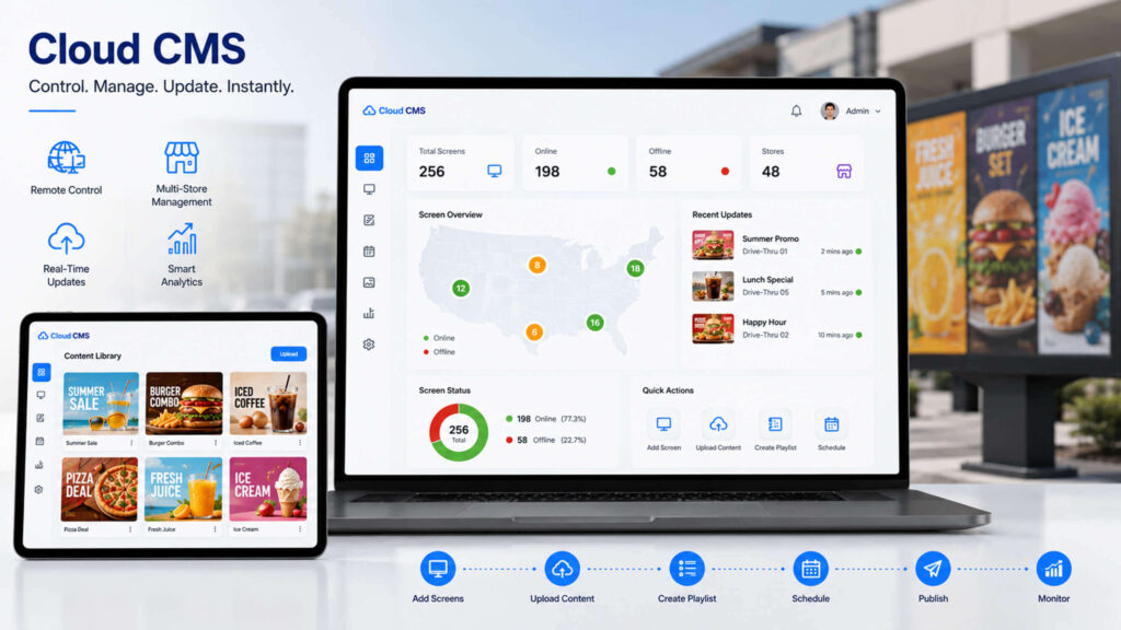 Cloud CMS software for digital drive-thru menu board management