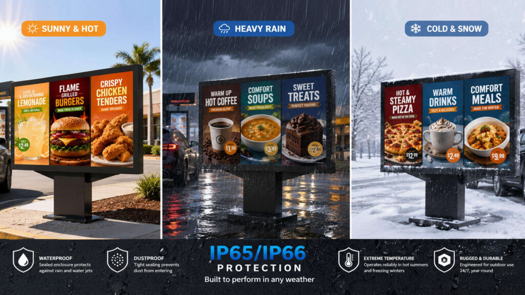 Weatherproof drive-thru menu board for all weather conditions