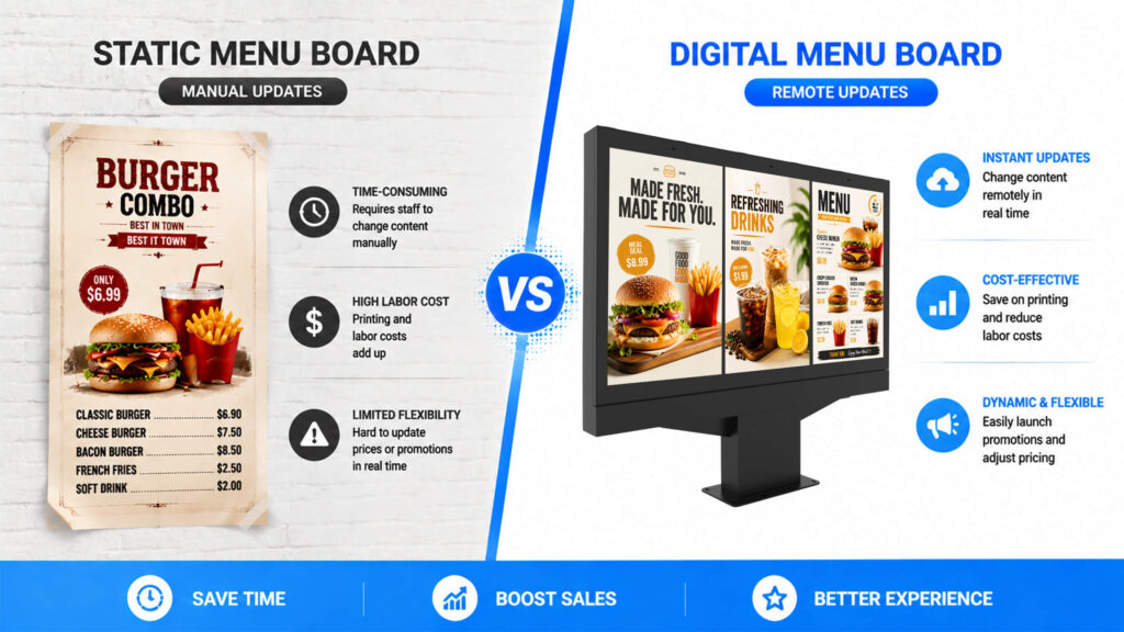 Static menu board versus digital drive-thru menu board comparison