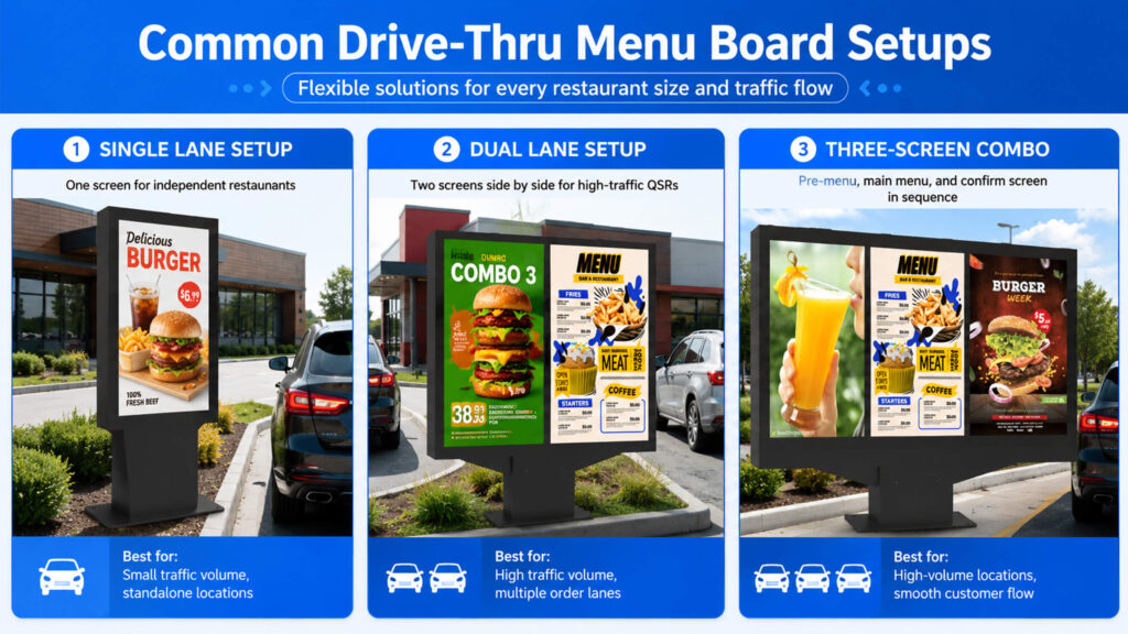 Drive-thru menu board deployment scenarios for different traffic volumes
