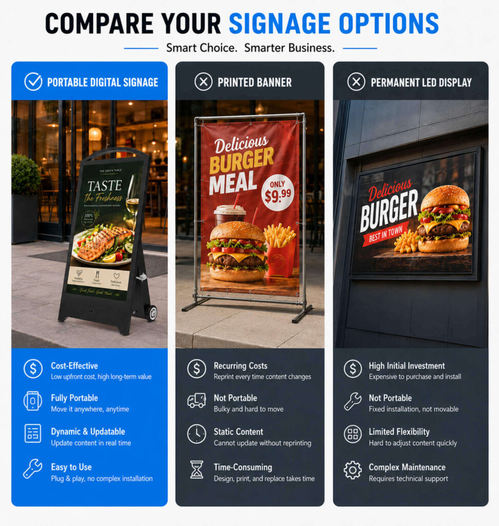 Comparison of portable digital signage versus printed banner and fixed LED display