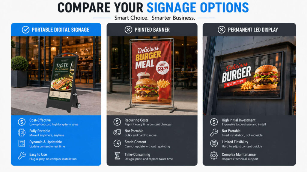 Comparison of portable digital signage versus printed banner and fixed LED display