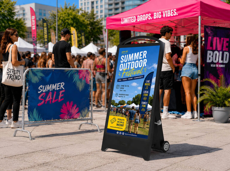 Portable outdoor digital signage at summer festival event