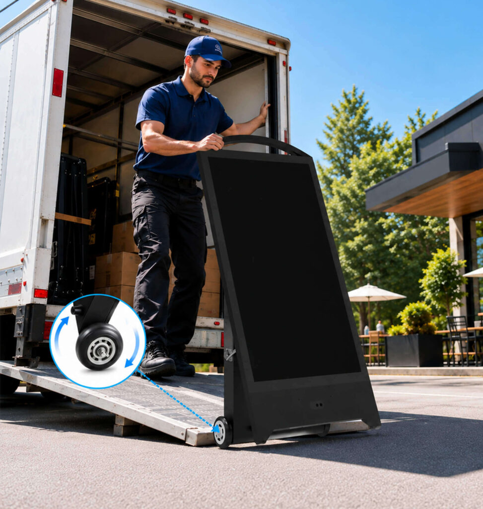 Portable outdoor digital signage being loaded for transport