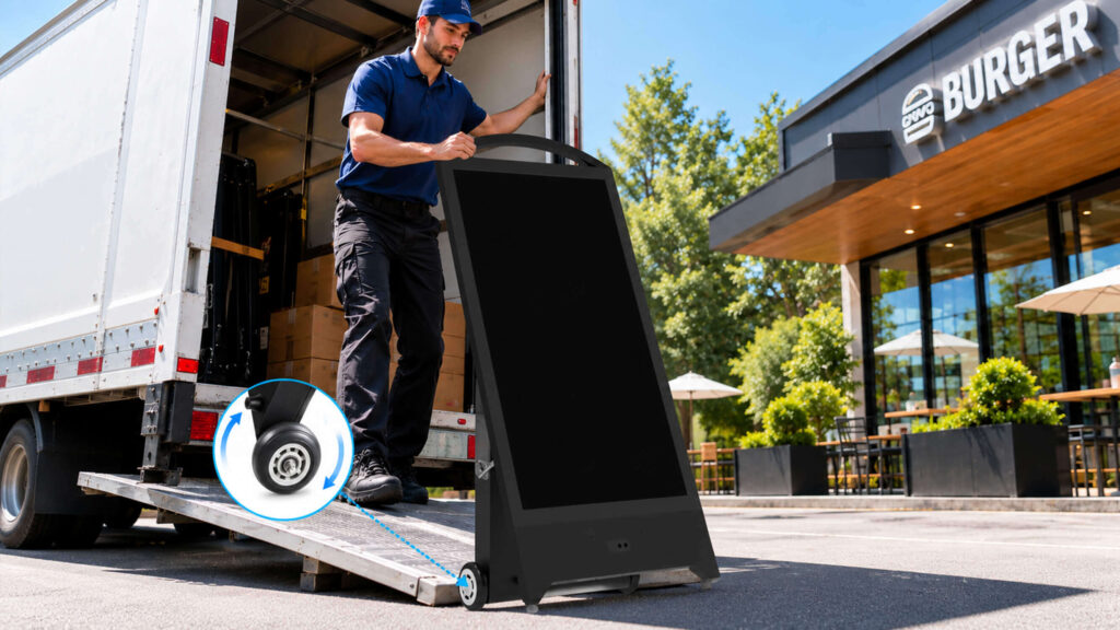 Portable outdoor digital signage being loaded for transport