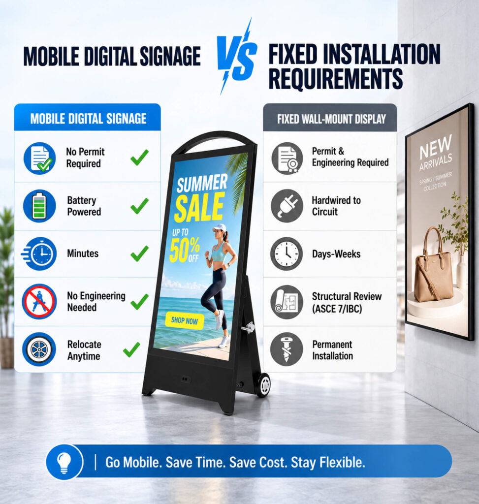 Diagram comparing portable digital signage and fixed installation requirements