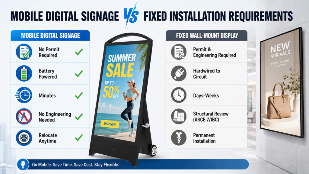 Outdoor digital signage comparison: portable freestanding display next to fixed wall-mount display