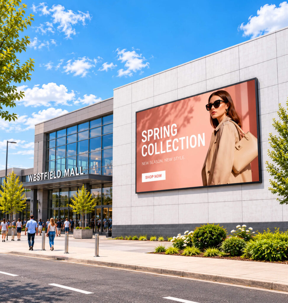 Fixed exterior digital signage permanently mounted on a shopping center facade