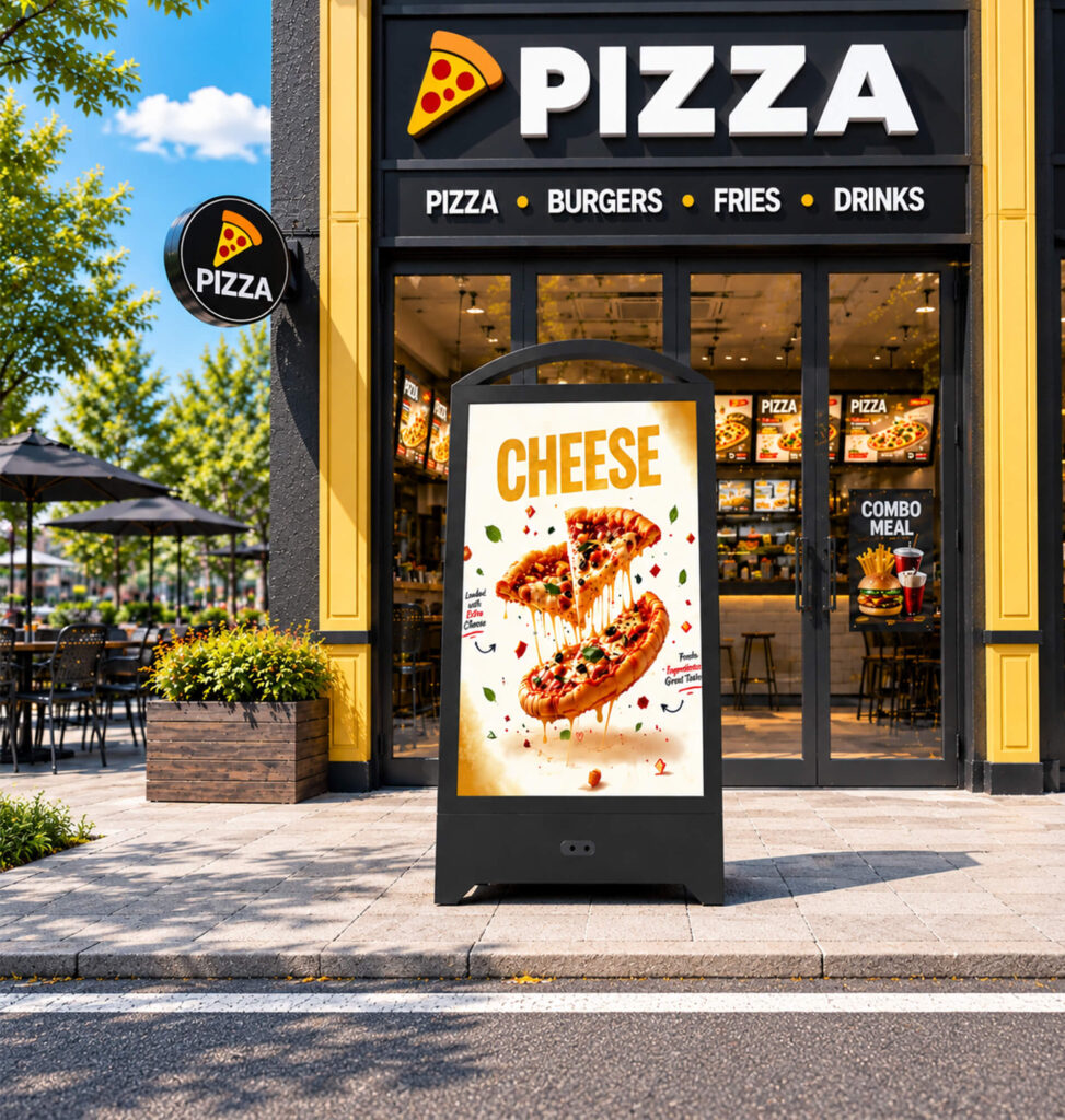Portable digital signage being deployed outside a restaurant storefront