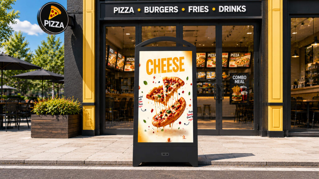 Portable digital signage being deployed outside a restaurant storefront"