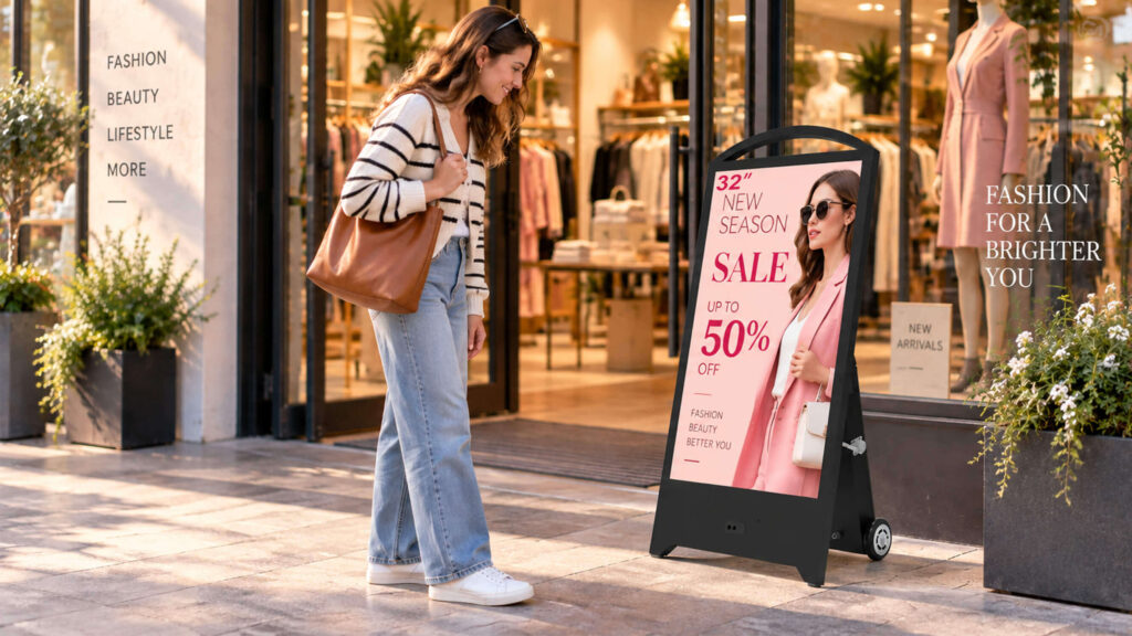 32 inch portable Digital A-Frame Sign at a storefront entrance