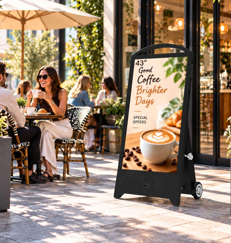 43 inch portable Digital A-Frame Sign on a restaurant patio