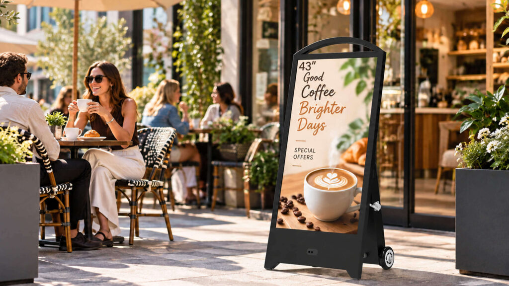 43 inch portable Digital A-Frame Sign on a restaurant patio