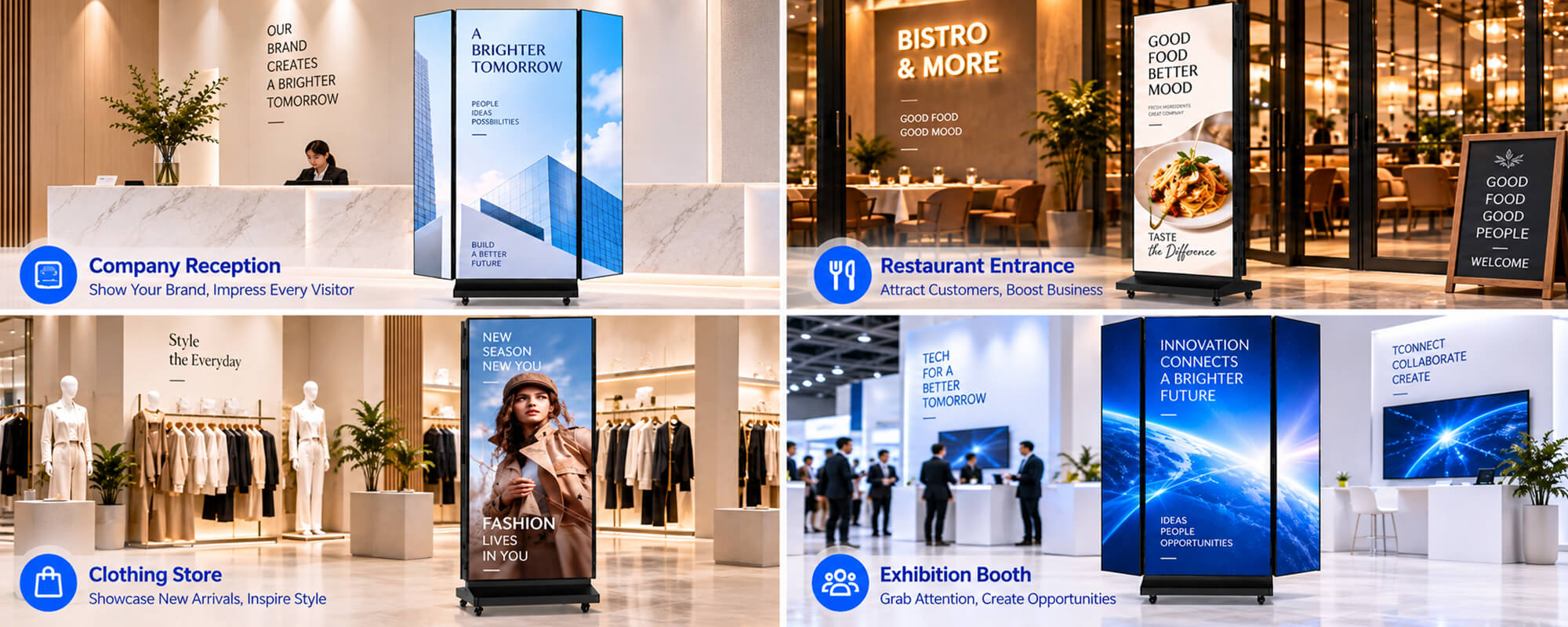 YINGLUX Tri-Fold LED Poster Display Application Scenes — Company Reception, Restaurant Entrance, Clothing Store, Exhibition Booth