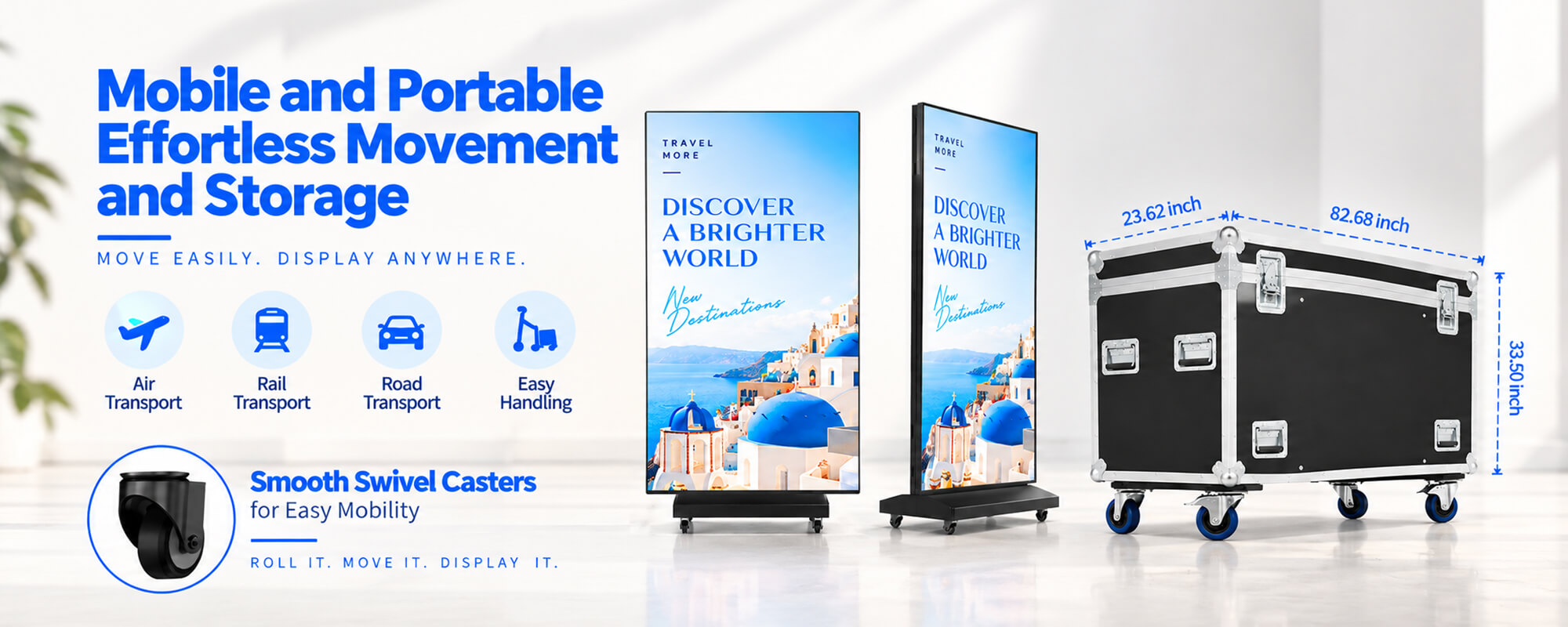 YINGLUX Tri-Fold LED Poster Display Mobile and Portable with Swivel Casters and Flight Case