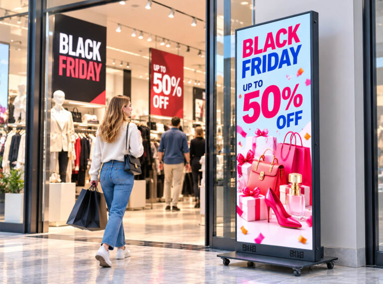 LED poster display advertising up to 50% off during Black Friday at a clothing store entrance