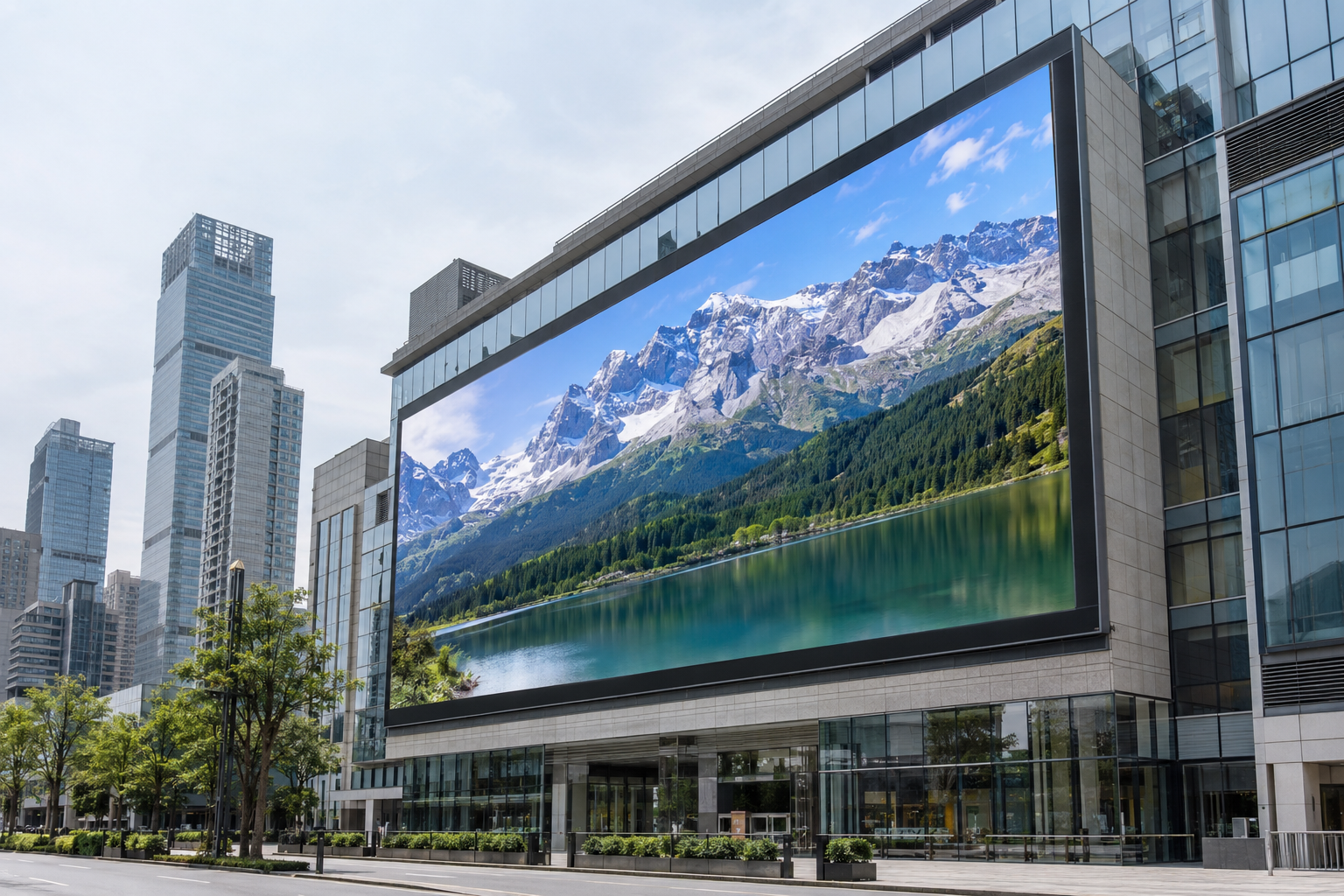 Infographic comparing indoor and outdoor digital signage across three columns — brightness range in nits, IP rating, and operating temperature range in degrees Celsius — with indoor and outdoor rows shown side by side