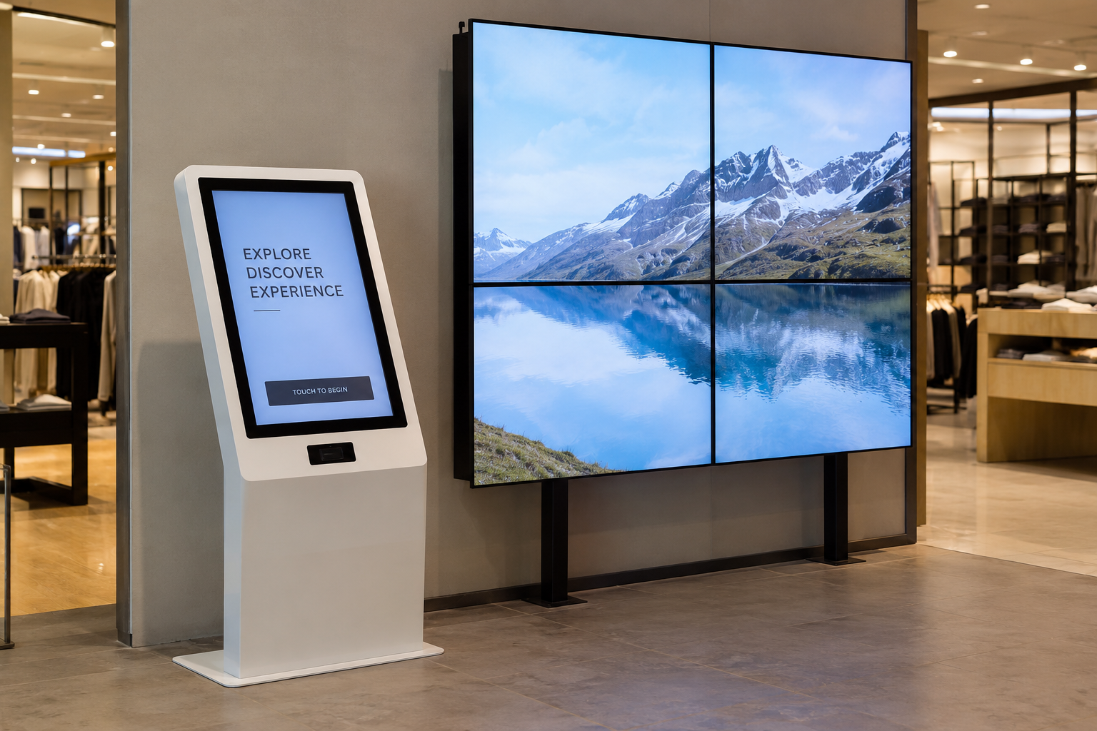 Split diagram contrasting an LCD panel installation showing bezel gap lines against a seamless LED module tile layout, with display area in square metres marked at the crossover point