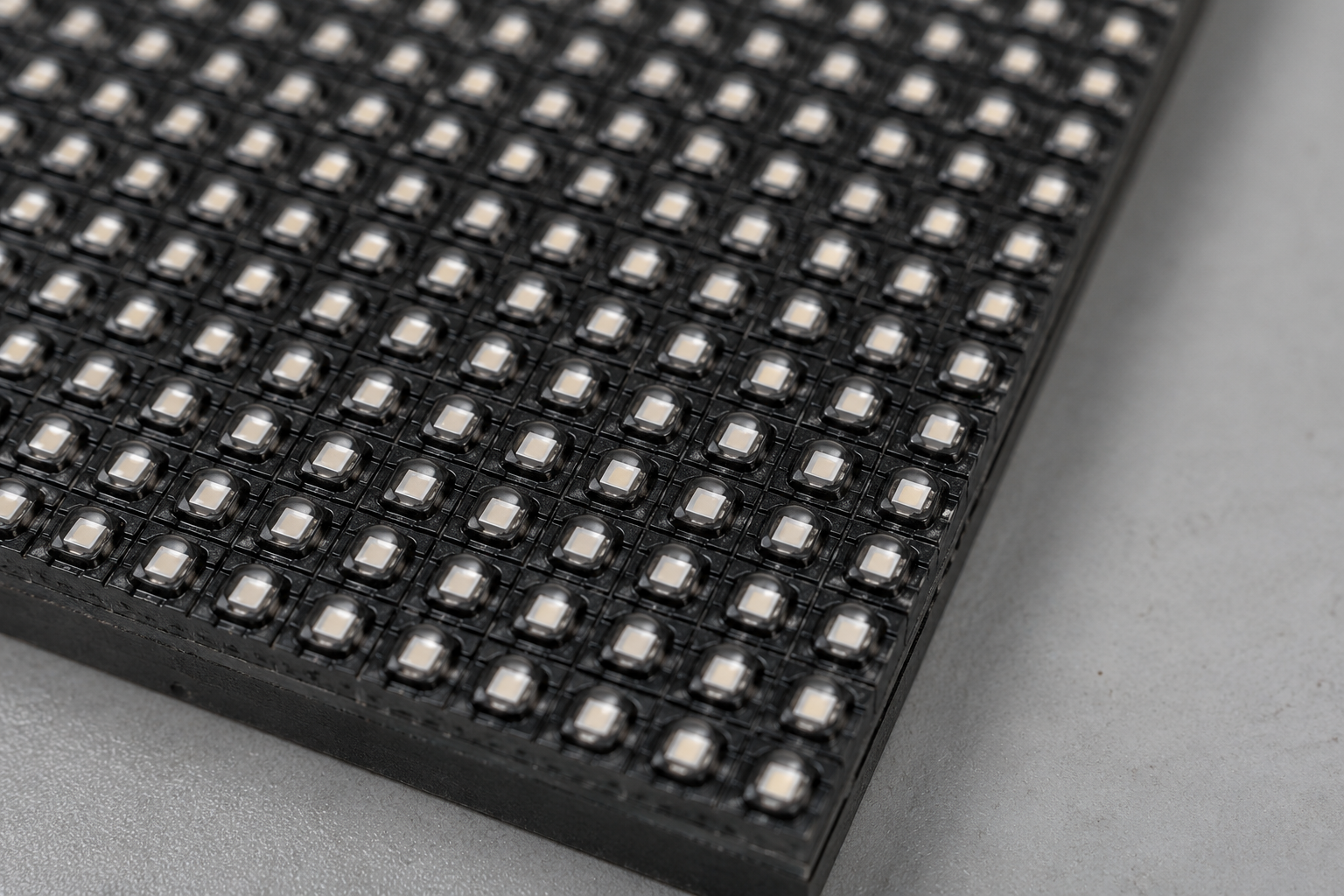 Cross-section infographic of an LED module showing the GOB resin layer over SMD emitters alongside an IP65-rated outdoor cabinet enclosure with ingress-protection zone indicators