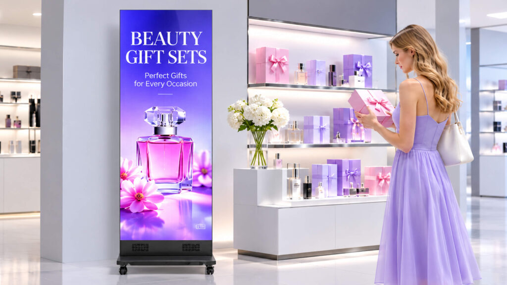 LED poster display promoting beauty gift sets beside a shopper browsing boxed fragrances