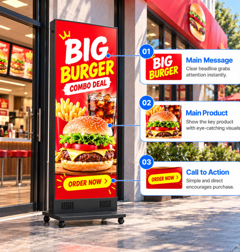 LED poster display showing a burger combo promotion with annotations highlighting the headline, product image, and call to action