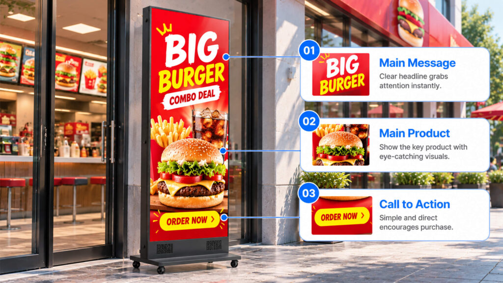 LED poster display showing a burger combo promotion with annotations highlighting the headline, product image, and call to action