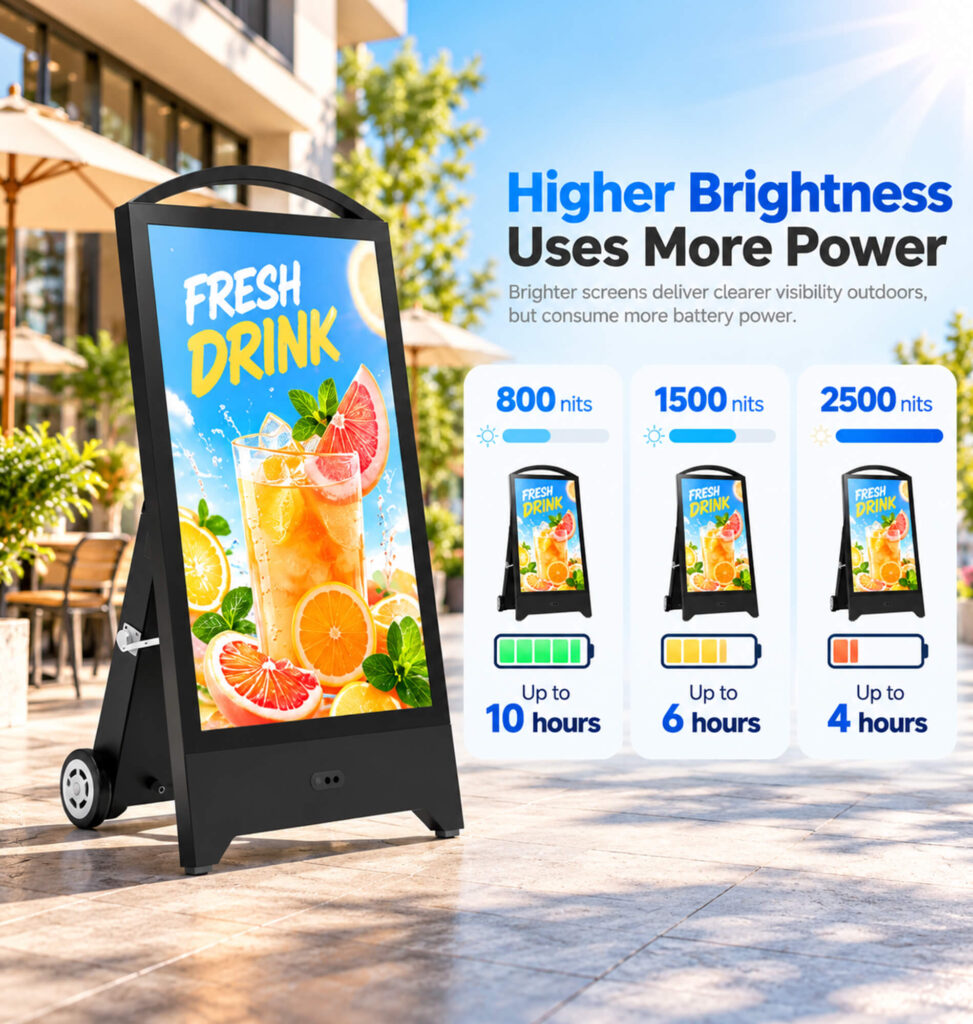 Outdoor digital signage brightness and battery runtime trade-off