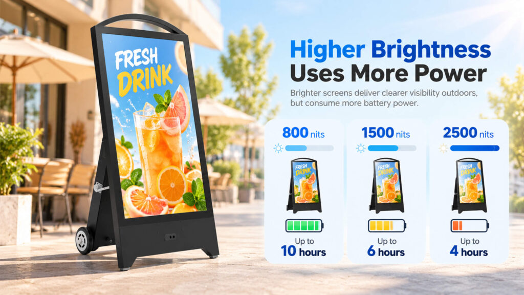 Outdoor digital signage brightness and battery runtime trade-off