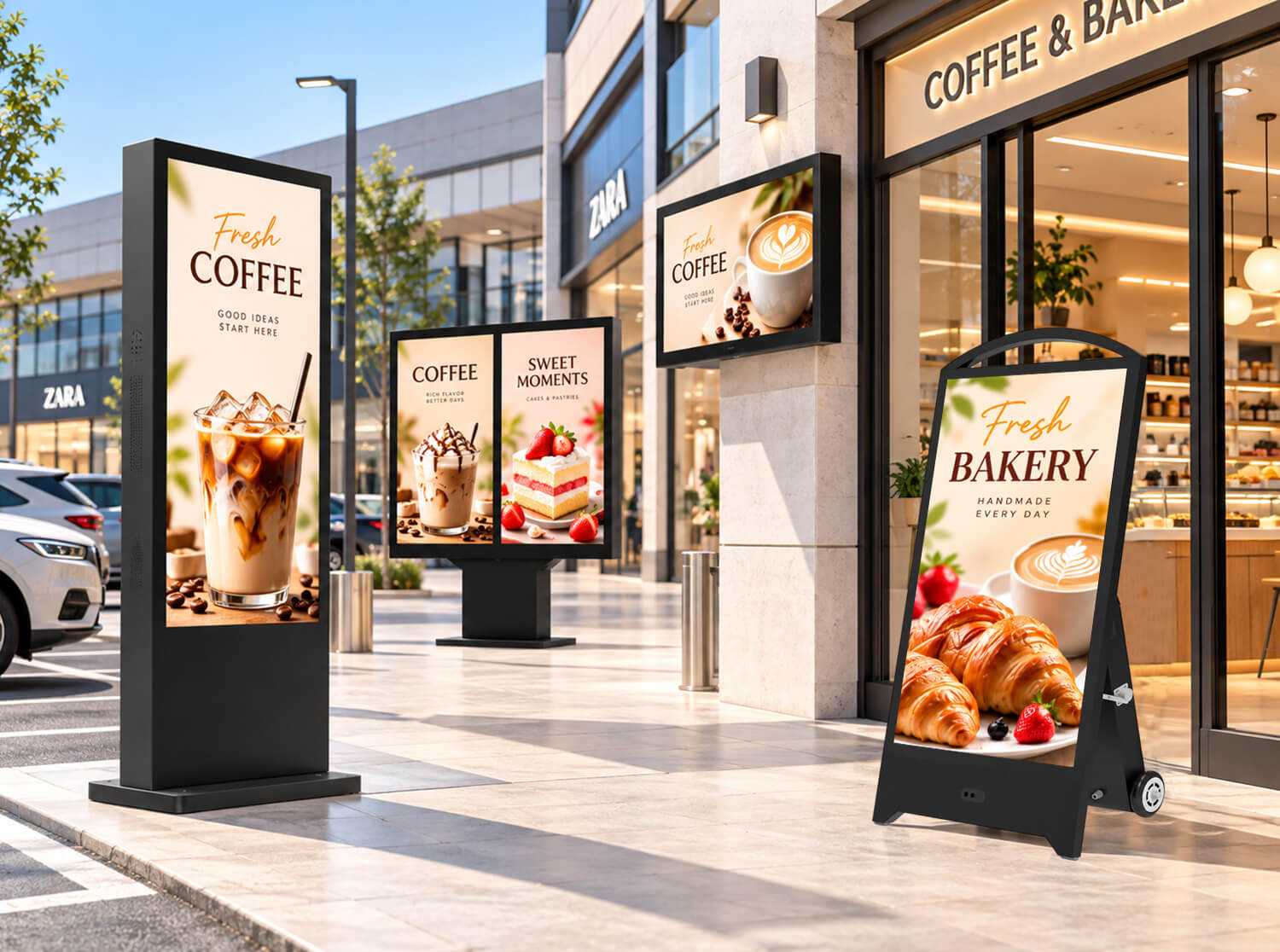Outdoor digital signage brightness in a sunlit retail storefront setting